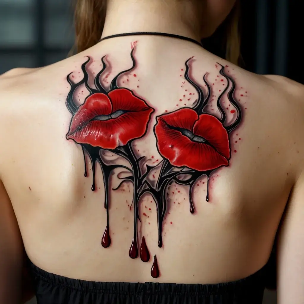 Tattoo of vibrant red lips with dripping black details, creating a bold contrast on the back.