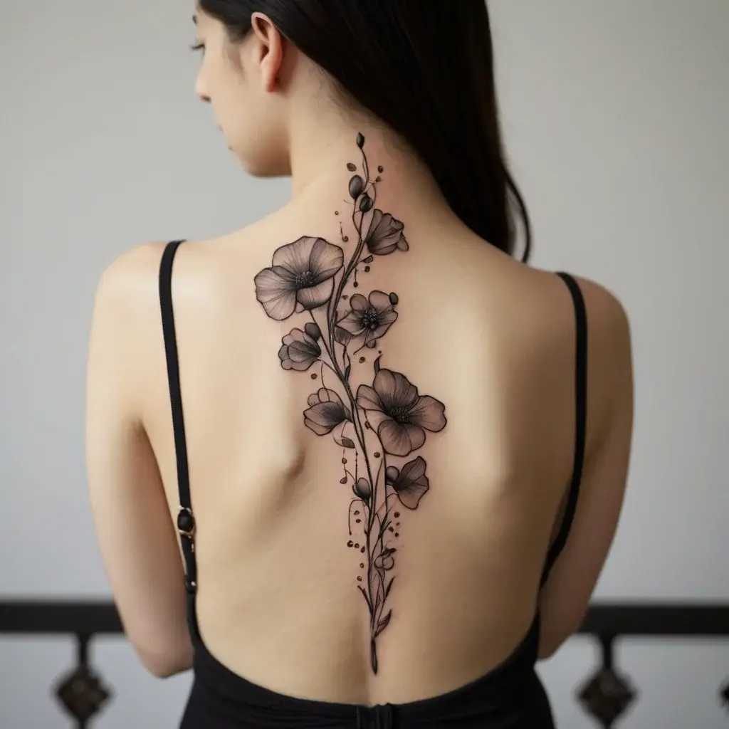 Intricate black and gray floral tattoo runs down the spine, featuring delicate poppies and leafy accents.