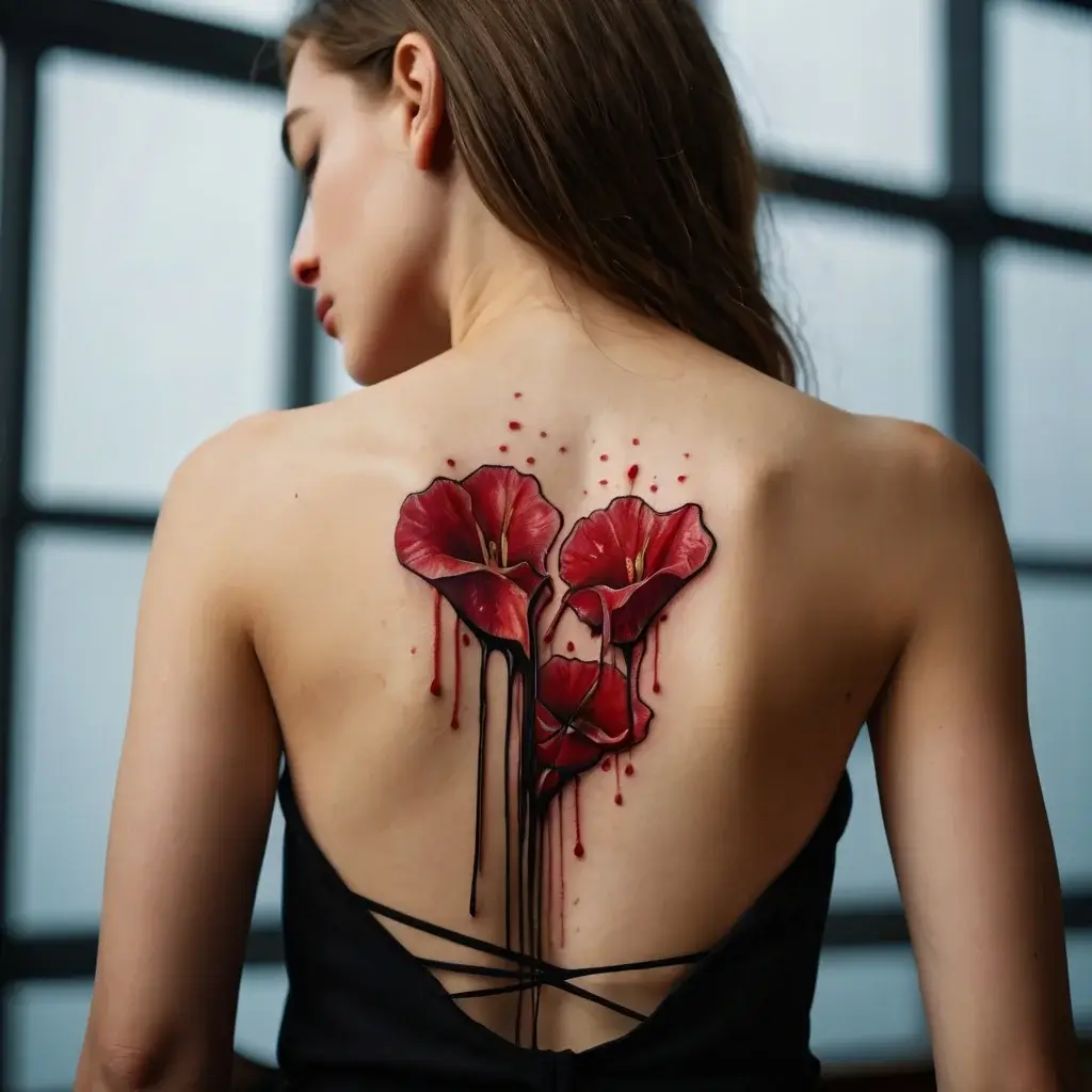 Tattoo of three red flowers with black drips, creating a heart shape on the back, accented by scattered red dots.