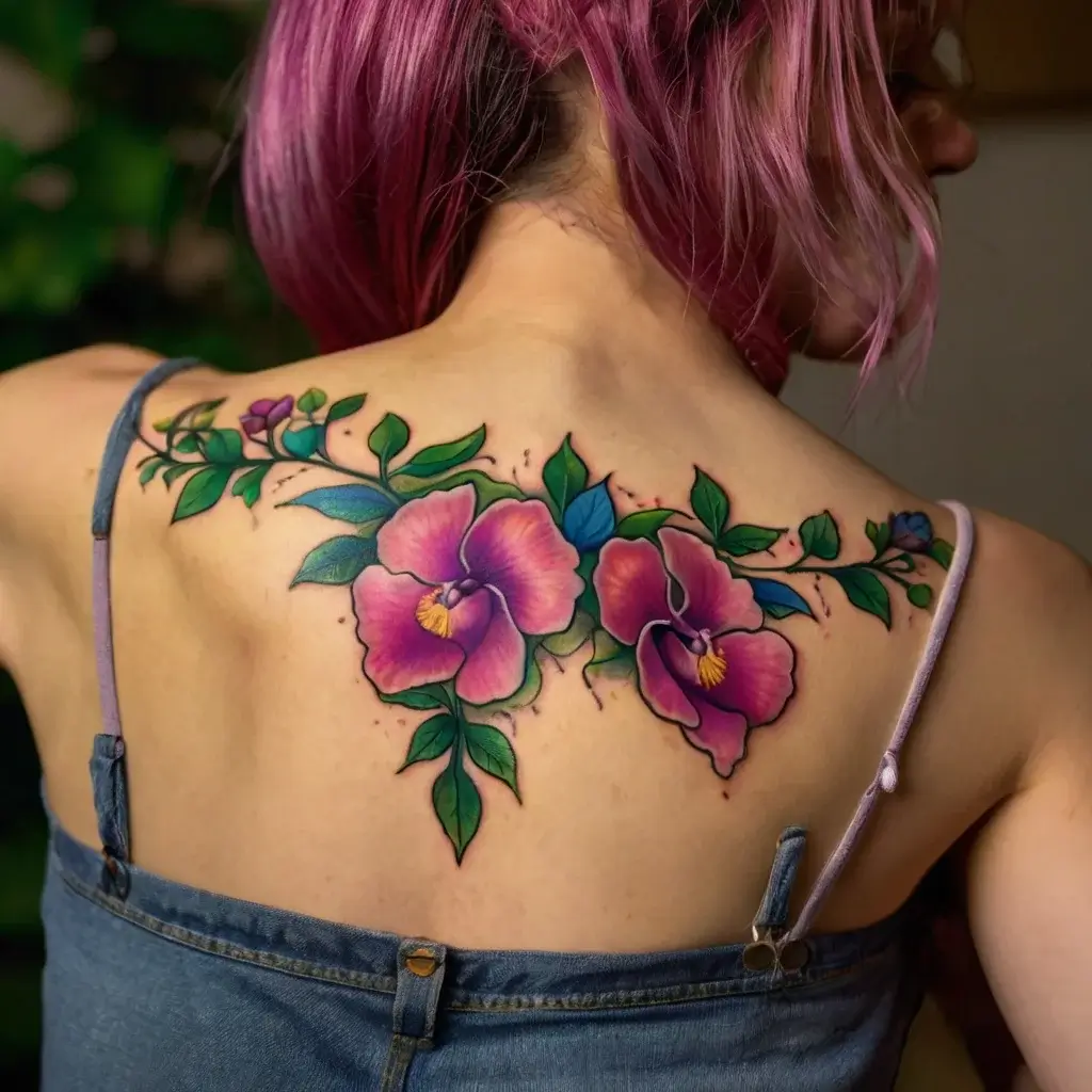 Colorful floral tattoo with vibrant pink and purple flowers and green leaves, elegantly spread across the upper back.