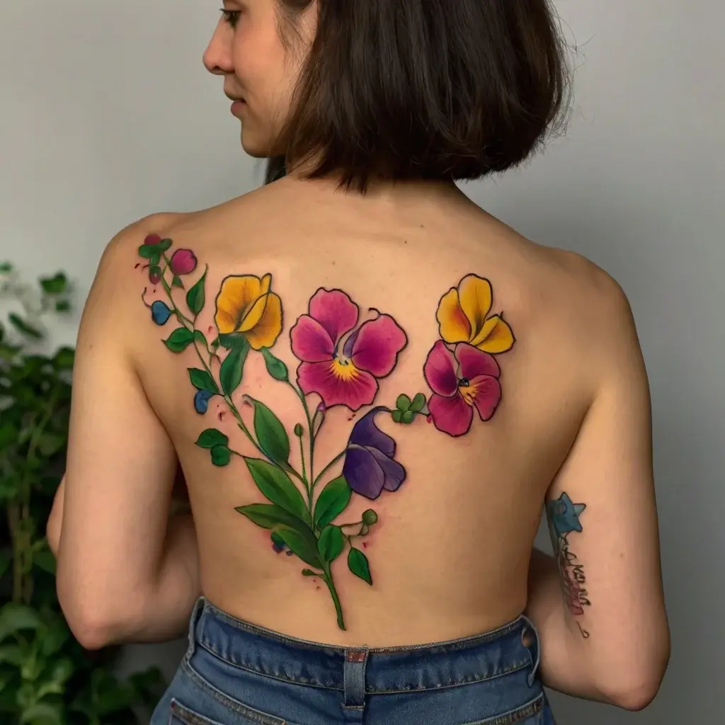 Back tattoo of vibrant pansies in purple, pink, and yellow, with lush green leaves and small blue accents.