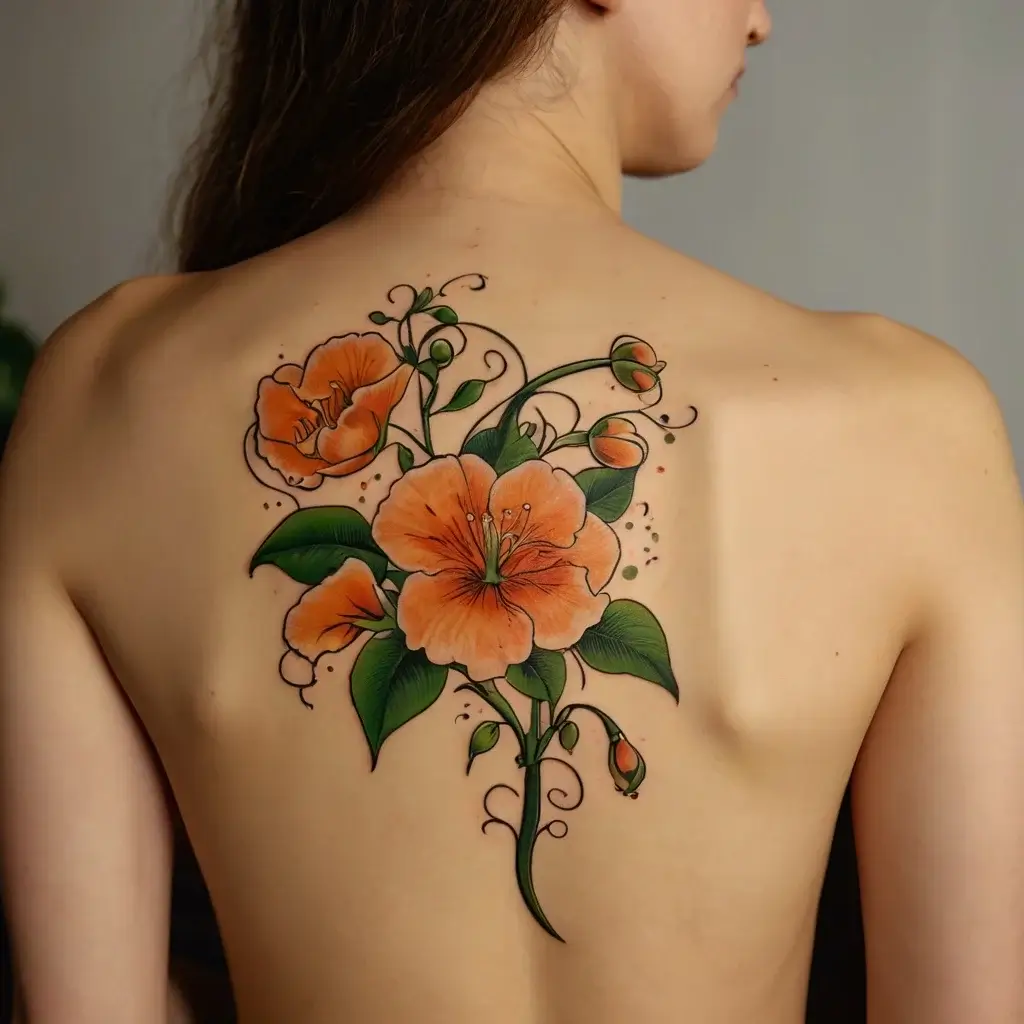 Tattoo of vivid orange hibiscus flowers and green leaves with swirling stems, beautifully detailed on the upper back.