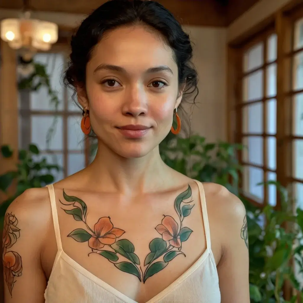 Ornate chest tattoo with orange flowers and green leaves, harmoniously curving along the collarbones.