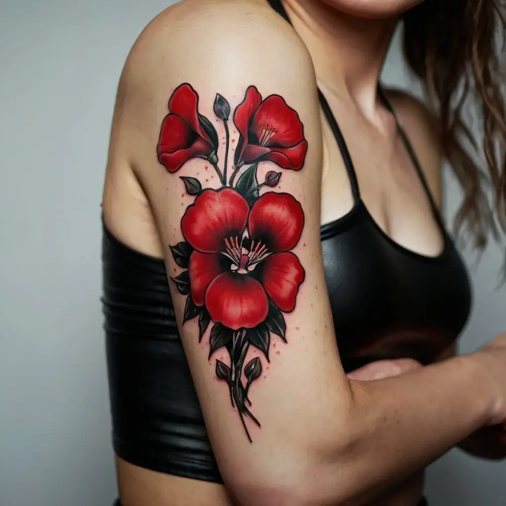 A vibrant red poppy tattoo with black accents on the upper arm, showcasing elegance and bold contrast.