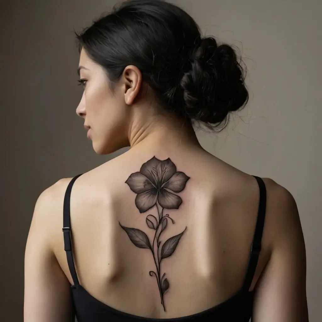 Detailed black and gray floral tattoo with shading, featuring a large bloom and leaves, centered on the upper back.