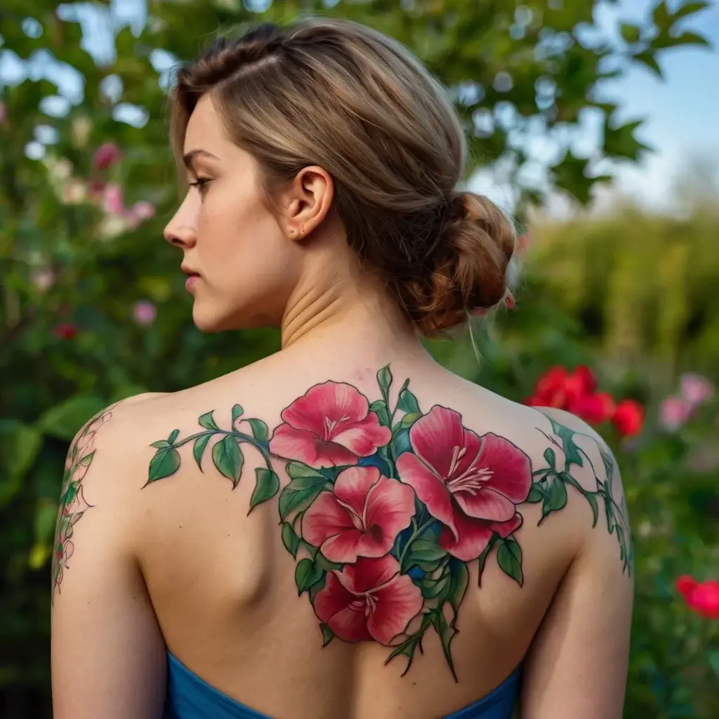 Tattoo of vibrant pink hibiscus flowers with lush green leaves across the upper back and shoulders in a natural setting.