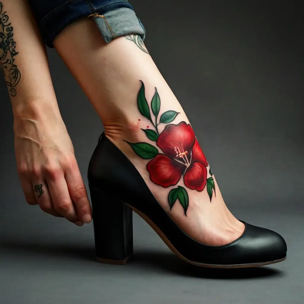 Tattoo of a vibrant red hibiscus with green leaves on the foot, showcasing bold outlines and realistic shading.