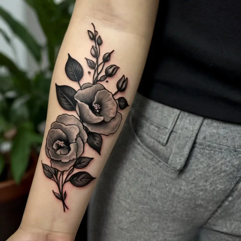 Black and gray floral tattoo on forearm, featuring two detailed roses with leaves and buds for an elegant look.