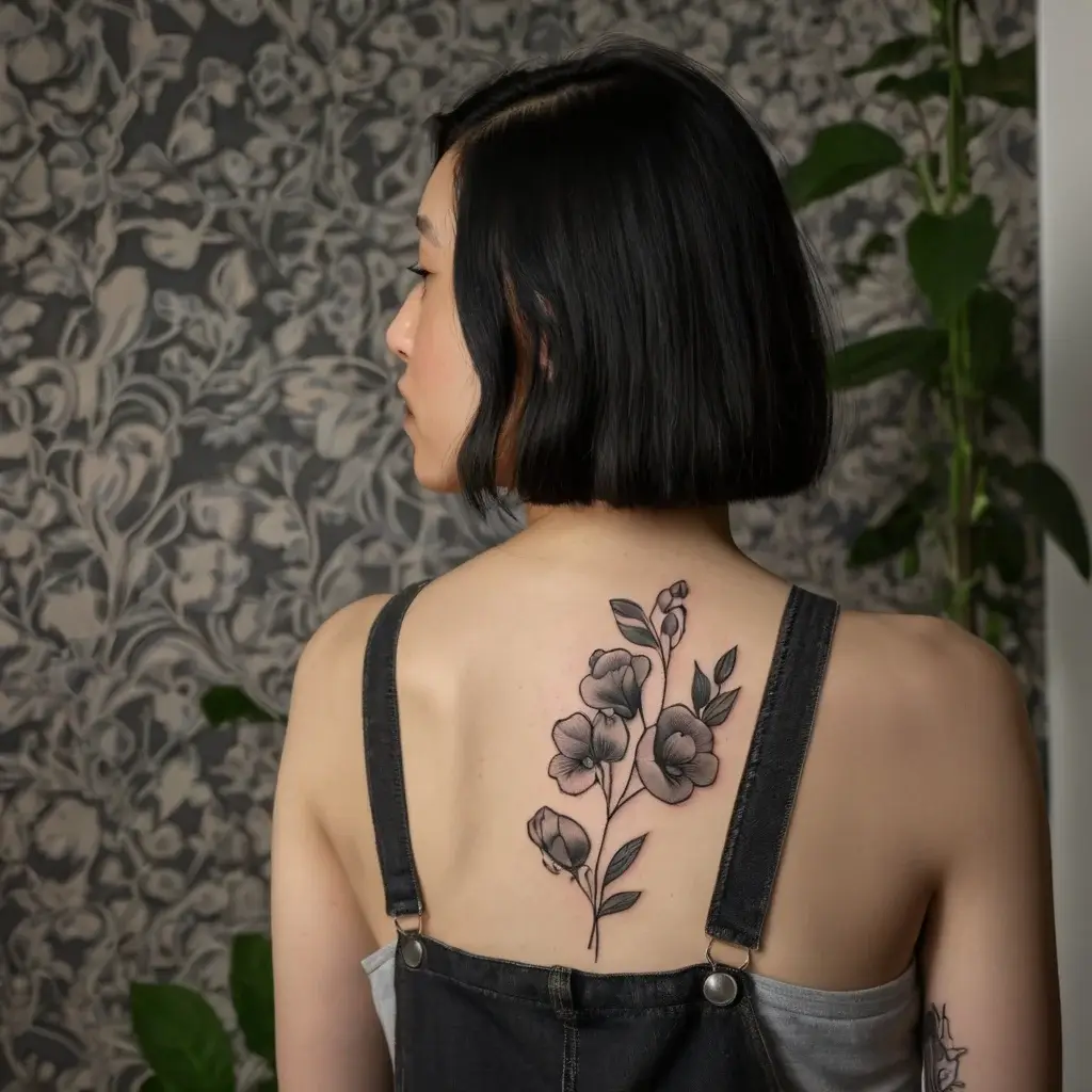 Black and gray floral tattoo on upper back, featuring delicate blooming flowers with detailed shading and leafy accents.