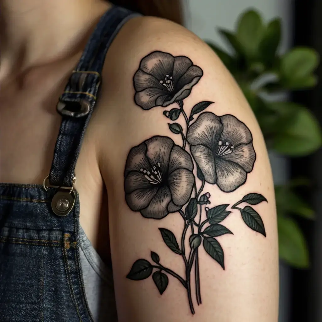 Tattoo of three blooming flowers with detailed shading and crisp outlines on an upper arm, surrounded by leaves and stems.