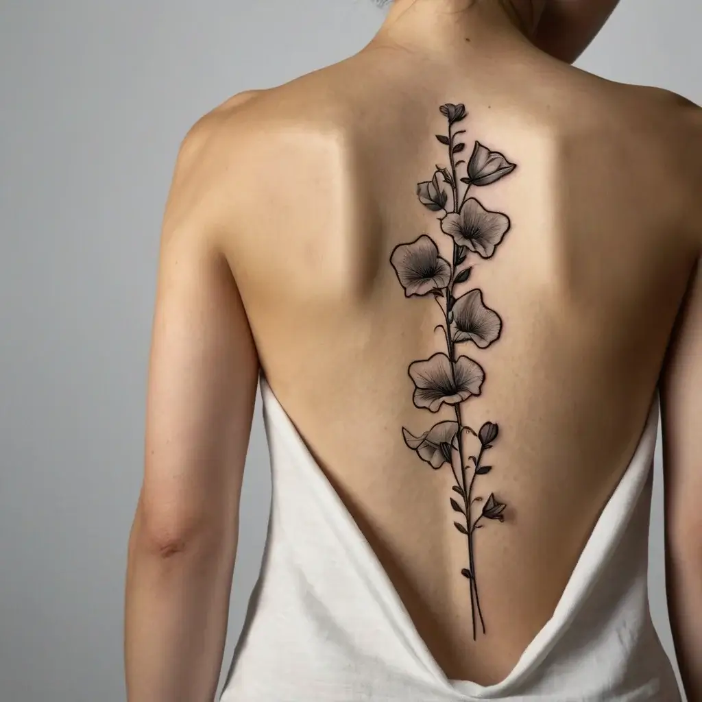 Elegant black ink back tattoo featuring a vertical arrangement of delicate flowers and buds, creating a natural flow.