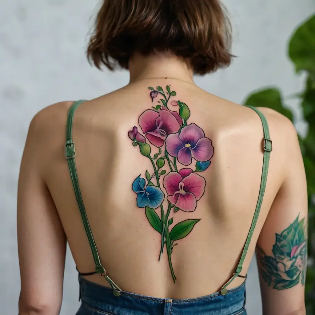 Colorful floral tattoo on back, featuring pink and blue flowers with green leaves and stems, delicately detailed.