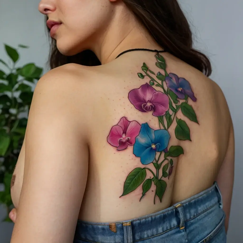 Colorful orchid tattoo on back, featuring vivid pink, purple, and blue blooms with green leaves and stems.