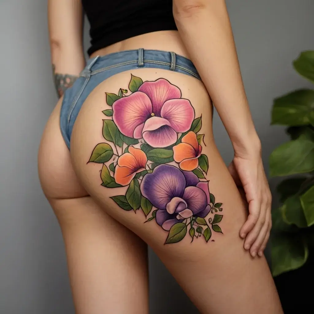 Colorful floral tattoo with vibrant pink, purple, and orange flowers, accented by lush green leaves on the thigh.