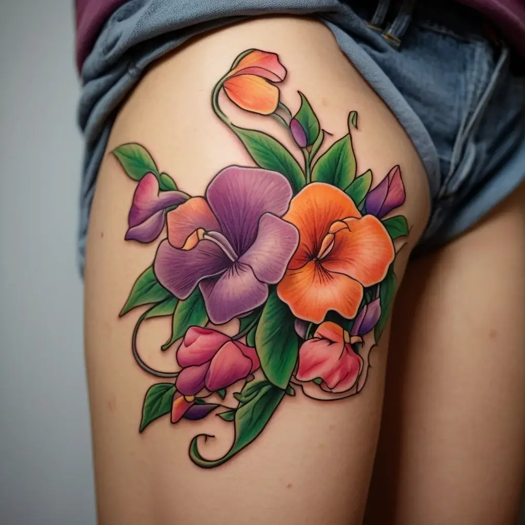 Colorful floral tattoo with vibrant pansies in purple, orange, and pink, accented by lush green leaves on the thigh.