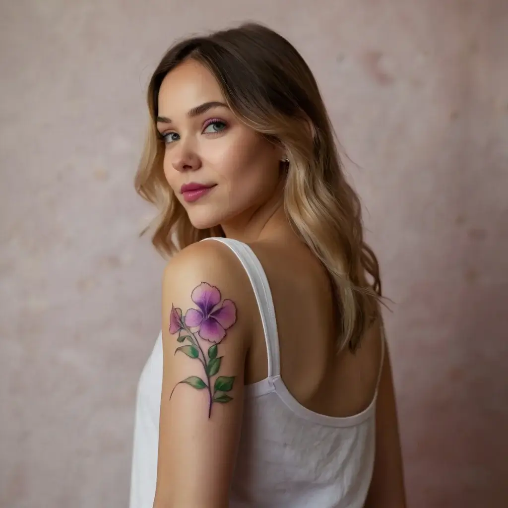 A delicate purple flower tattoo on the upper arm with green leaves, showcasing detailed shading and vibrant colors.