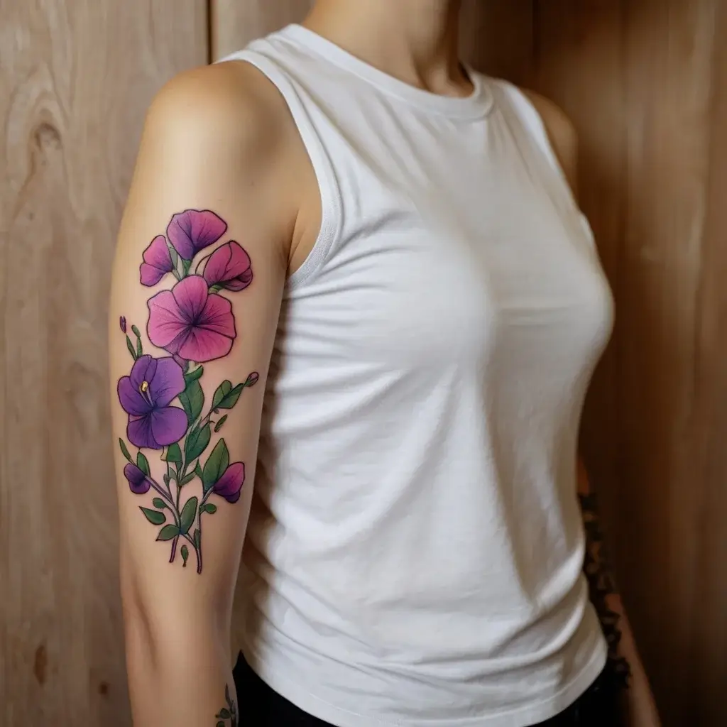 Tattoo of vibrant purple and pink flowers with green leaves on upper arm, featuring intricate shading and detail.