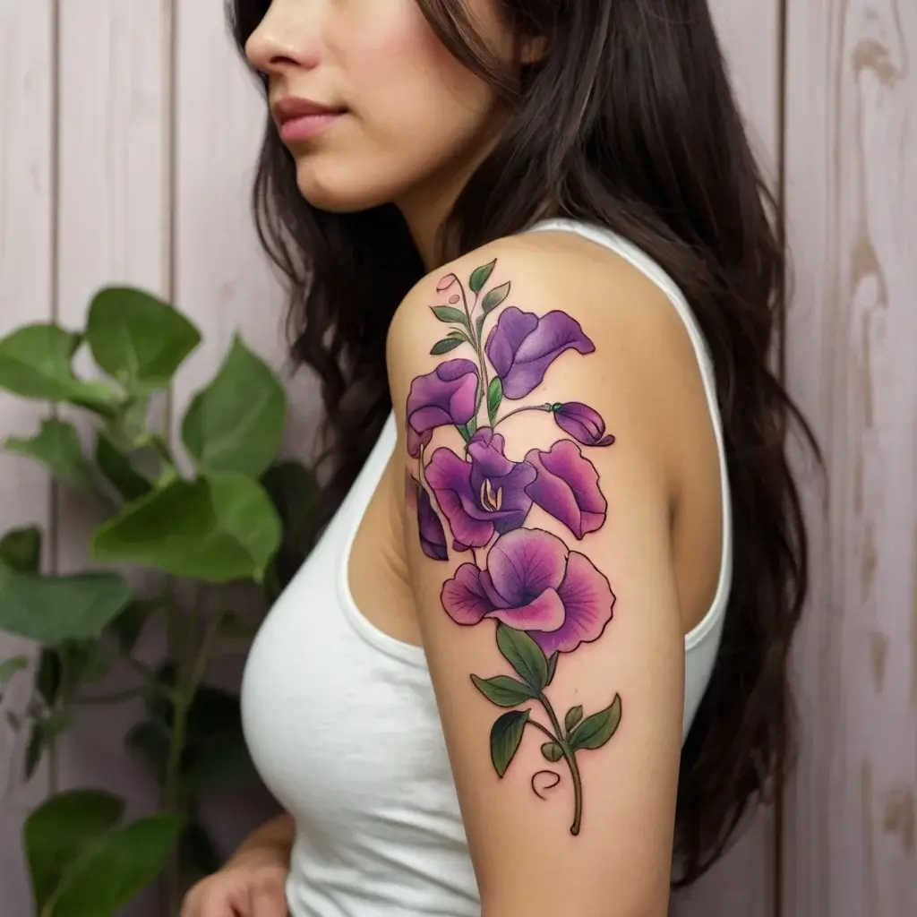 Floral tattoo with vibrant purple blooms on the upper arm, featuring delicate green leaves and intricate shading.