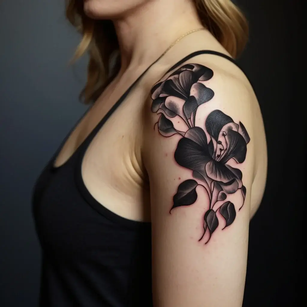 Elegant black and gray floral tattoo on upper arm, showcasing intricate shading and delicate, stylized petals.