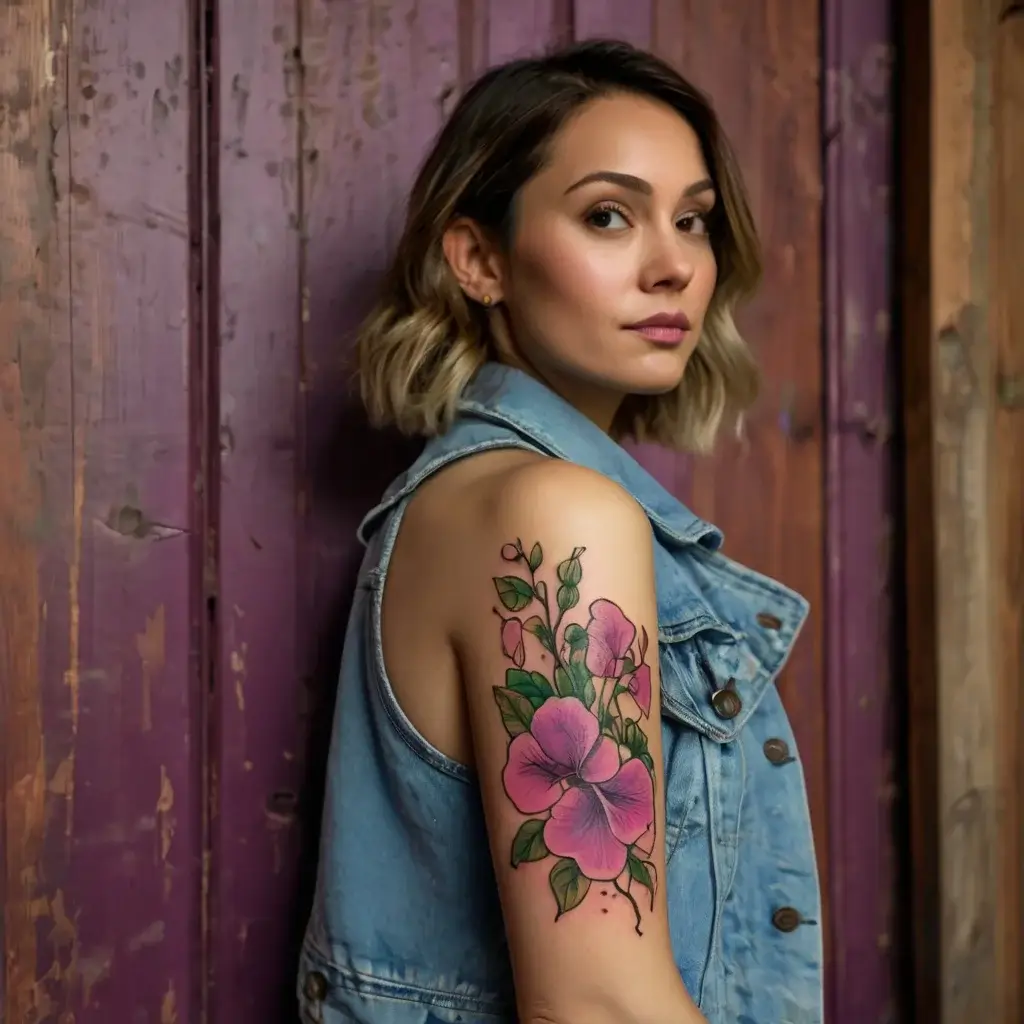 Tattoo of vibrant pink flowers with green leaves on the upper arm, detailed shading and bold outlines enhance the design.