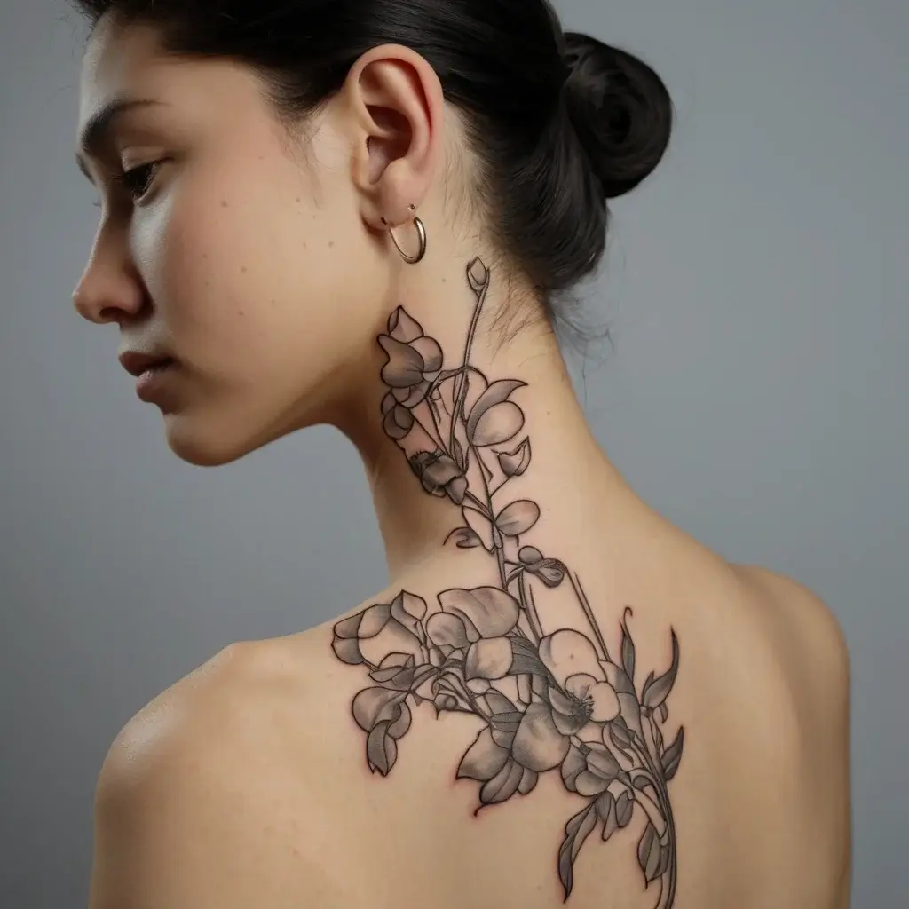 Elegant black and gray botanical tattoo on neck and shoulder, featuring delicate flowers and intertwined leaves.