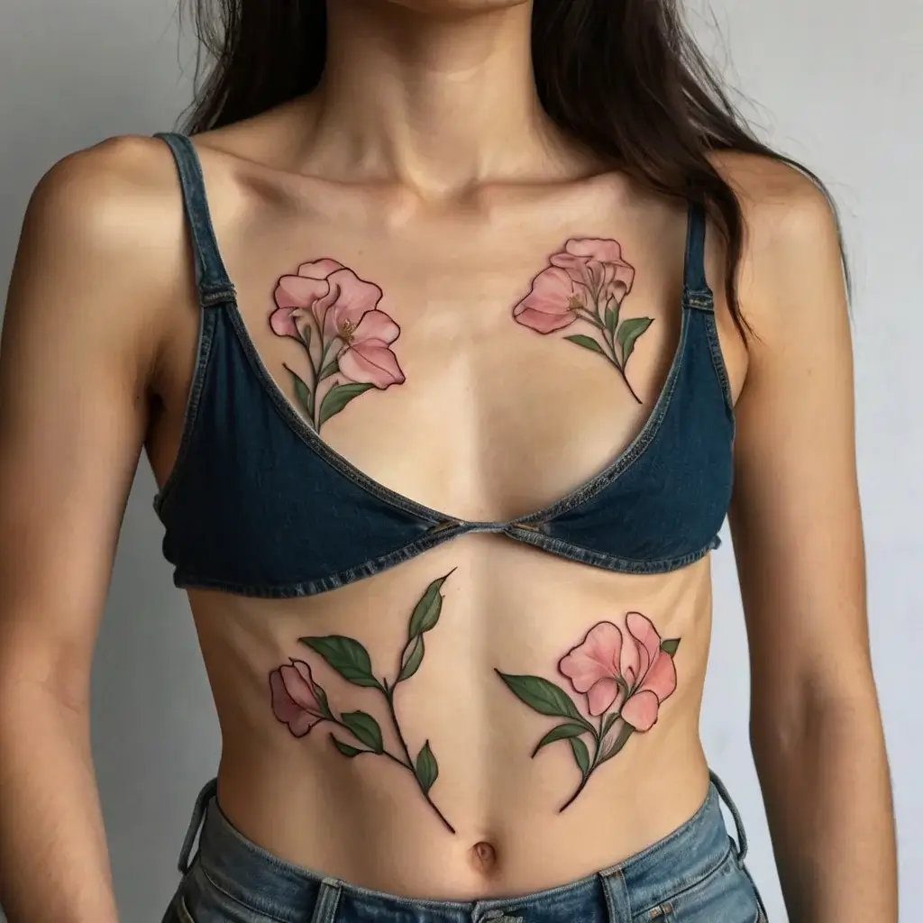 Delicate pink flowers and green leaves tattooed on the chest and abdomen, showcasing a symmetrical, botanical design.