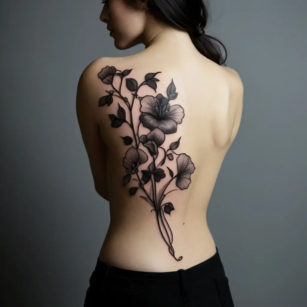 A black and gray floral tattoo cascades down the back, featuring bold petals and intricate leaves, creating a flowing design.