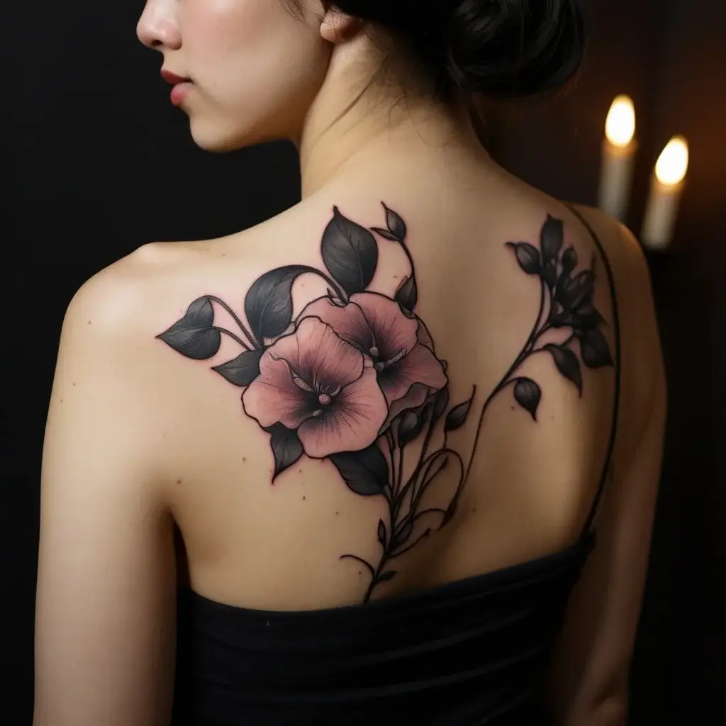 Ornate shoulder tattoo of pink flowers with dark leaves, featuring detailed shading and elegant vine details.