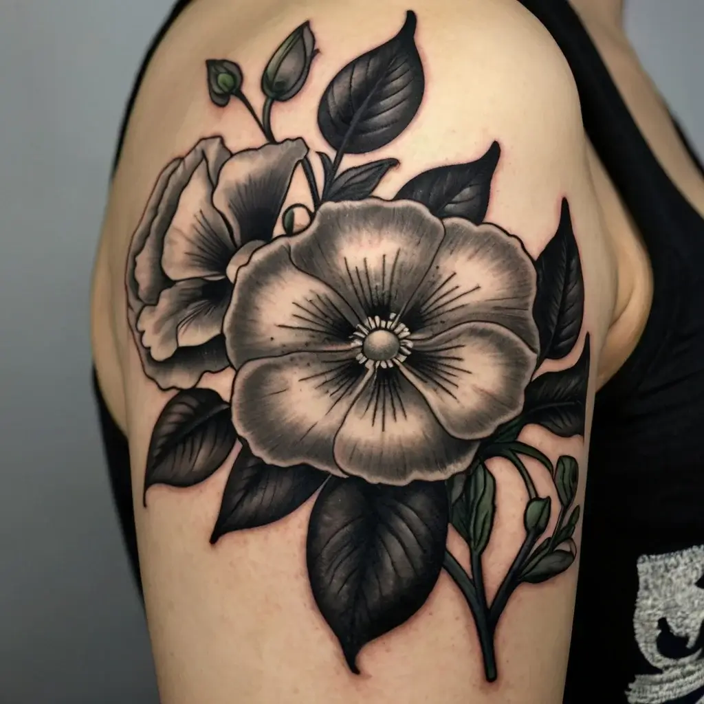 Black and grey floral tattoo of bold outlined flowers with detailed shading on the shoulder, featuring leaves and buds.