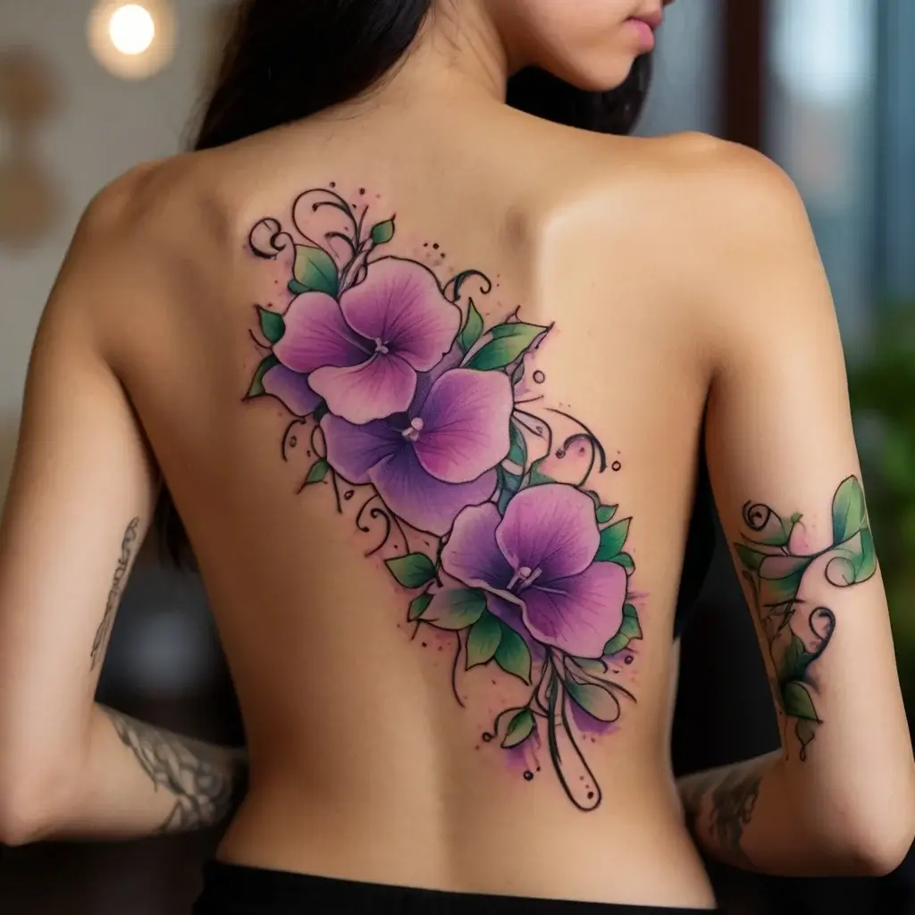 Tattoo of two vibrant purple flowers with green leaves and swirling black lines on the back, reflecting elegance and beauty.