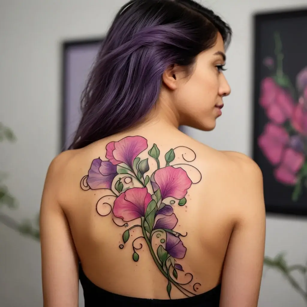 Colorful sweet pea flower tattoo with pink and purple blooms, green leaves, and elegant swirling vines on the back.