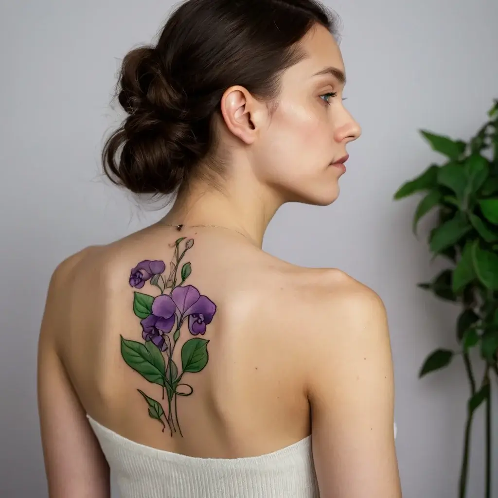 Tattoo of vibrant purple orchids with lush green leaves, elegantly cascading down the upper back.