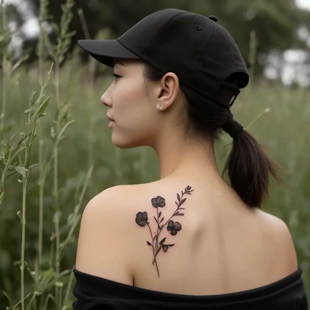 Delicate black flowers tattoo on shoulder, featuring three blooms and leaves, symbolizing grace and simplicity.