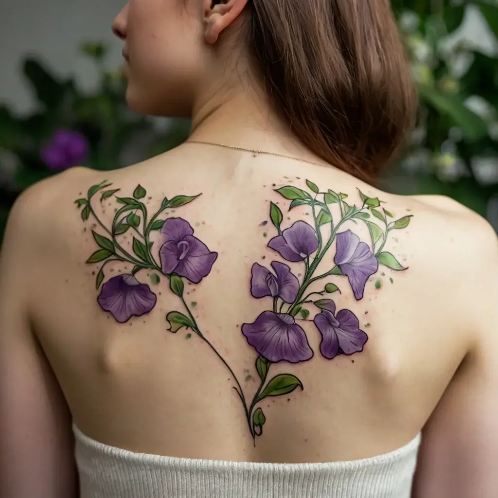 Tattoo of delicate purple flowers with green leaves spanning across the upper back, creating a natural, flowing arch.