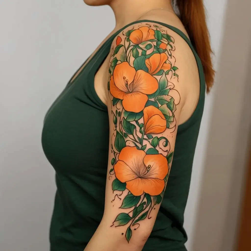 A vibrant sleeve tattoo showcasing orange hibiscus flowers entwined with green leaves, blending realism with artistic flair.