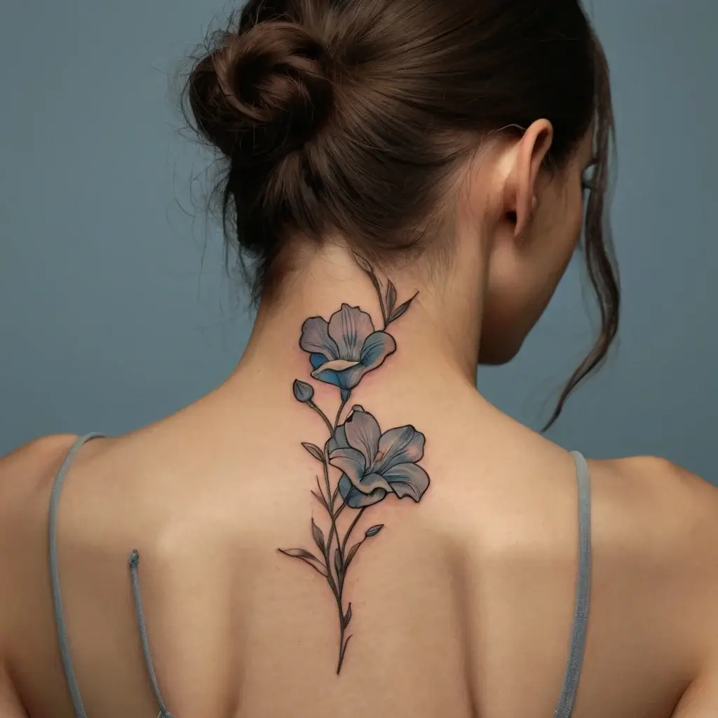 Neck tattoo features elegant blue flowers and leaves, detailed with subtle shading for a delicate, natural look.