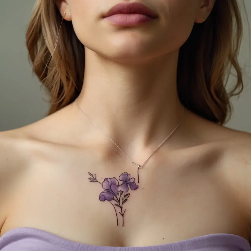 Delicate purple flower tattoo with thin stems and leaves, placed below the collarbone, enhancing feminine elegance.