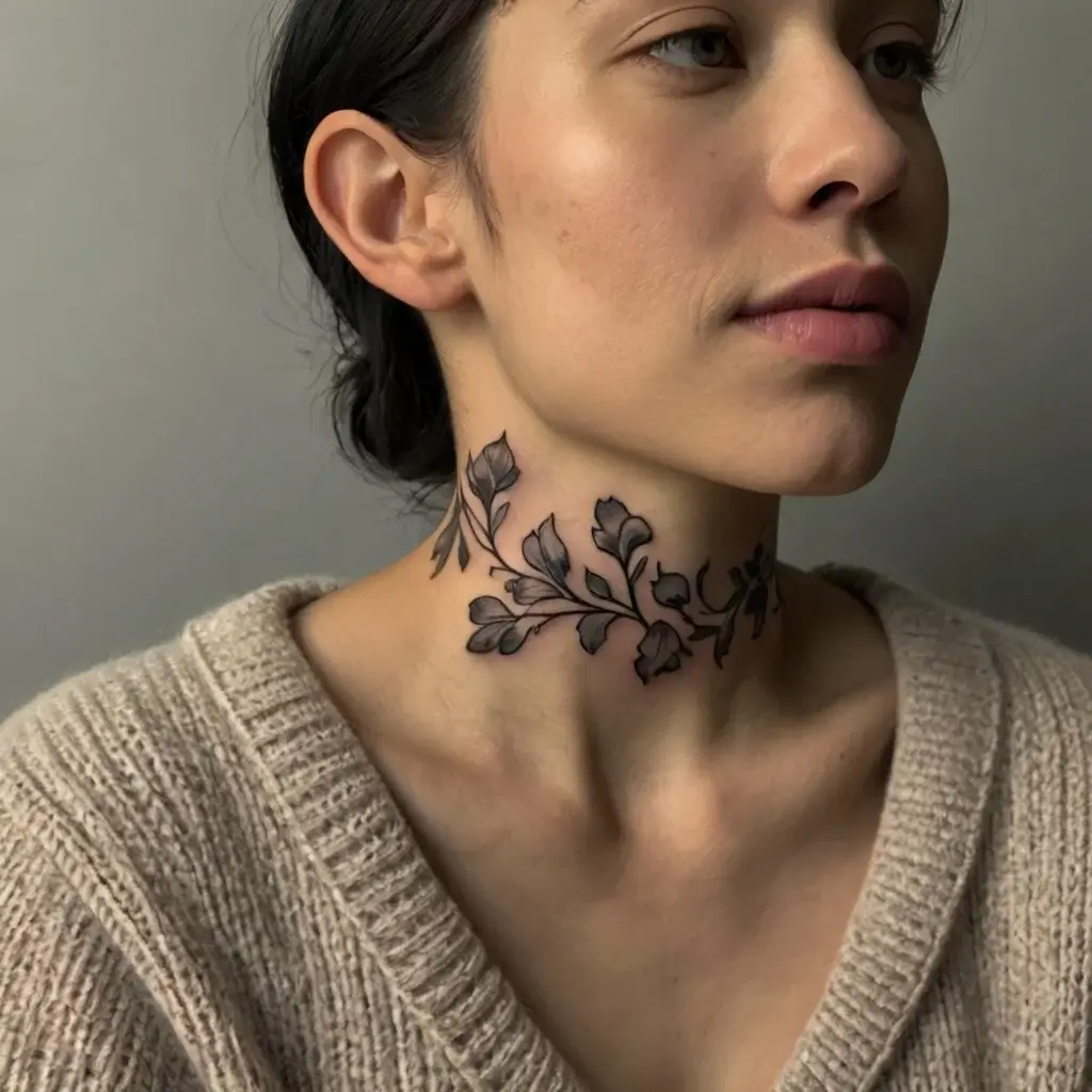 A delicate black ink floral vine tattoo wraps around the neck, showcasing intricate leaves and flowing stems.