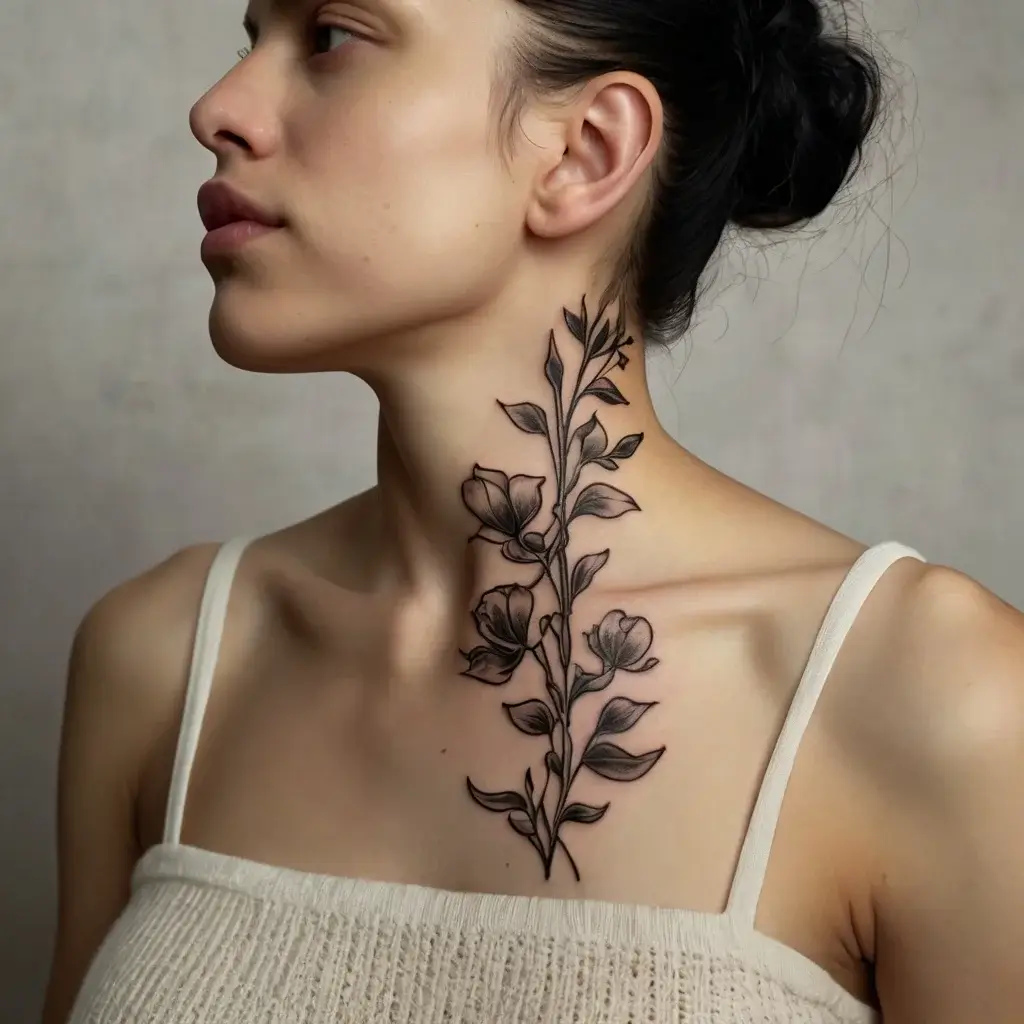 Neck tattoo of delicate, flowing flowers and leaves in black ink, emphasizing elegance and natural beauty.