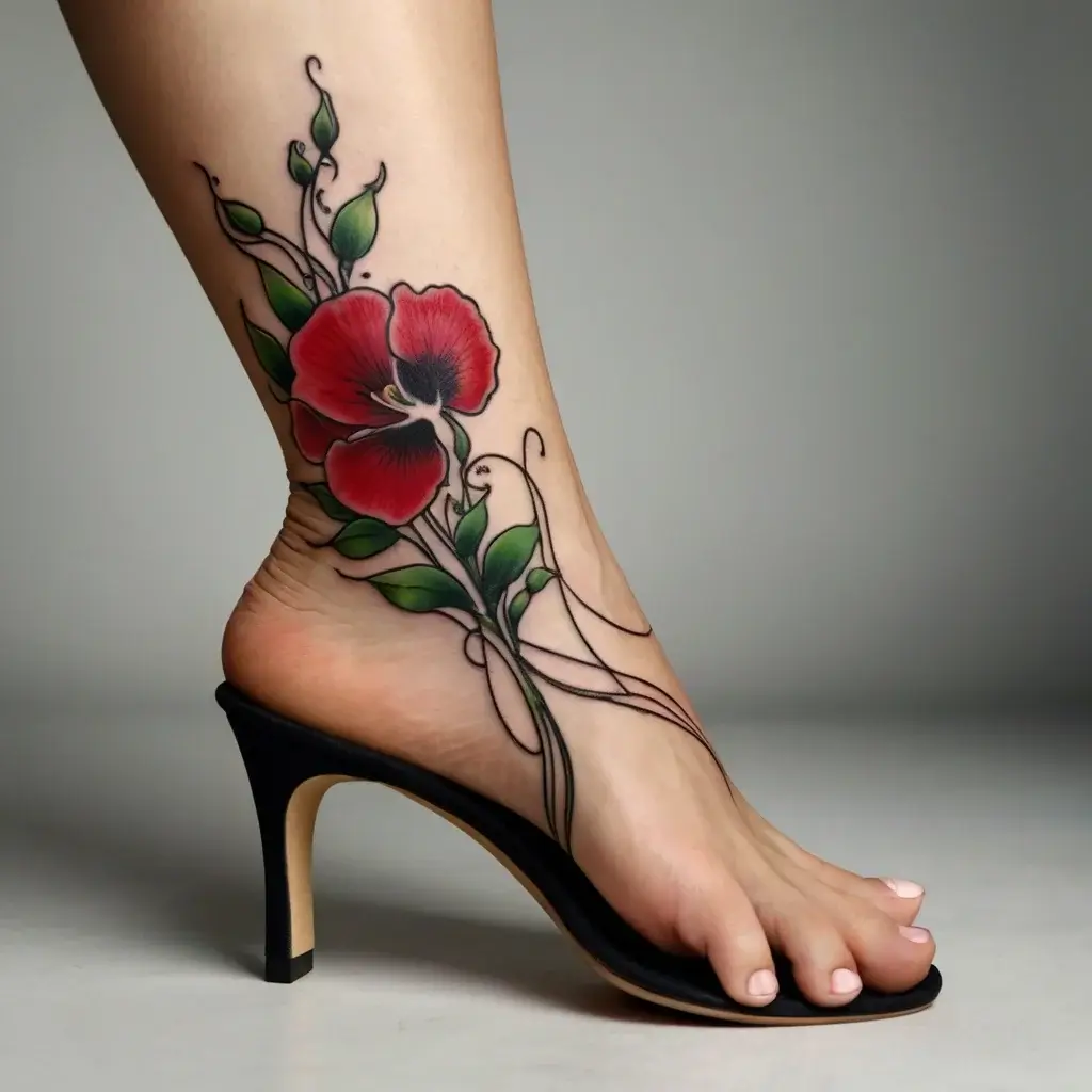 Elegant ankle tattoo featuring a vibrant red flower with intricate green leaves and flowing black line accents.