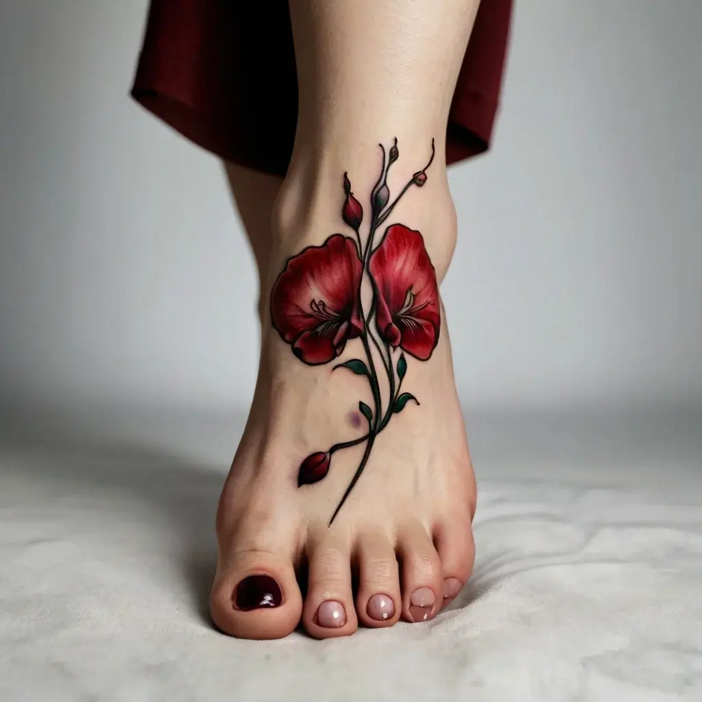 Tattoo of a vibrant red poppy with green leaves on the foot, showcasing delicate shading and intricate details.