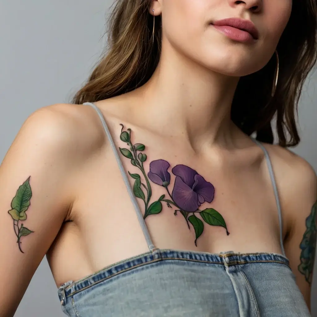 A vivid shoulder tattoo of purple pansy flowers with green leaves, elegantly extending across the chest.