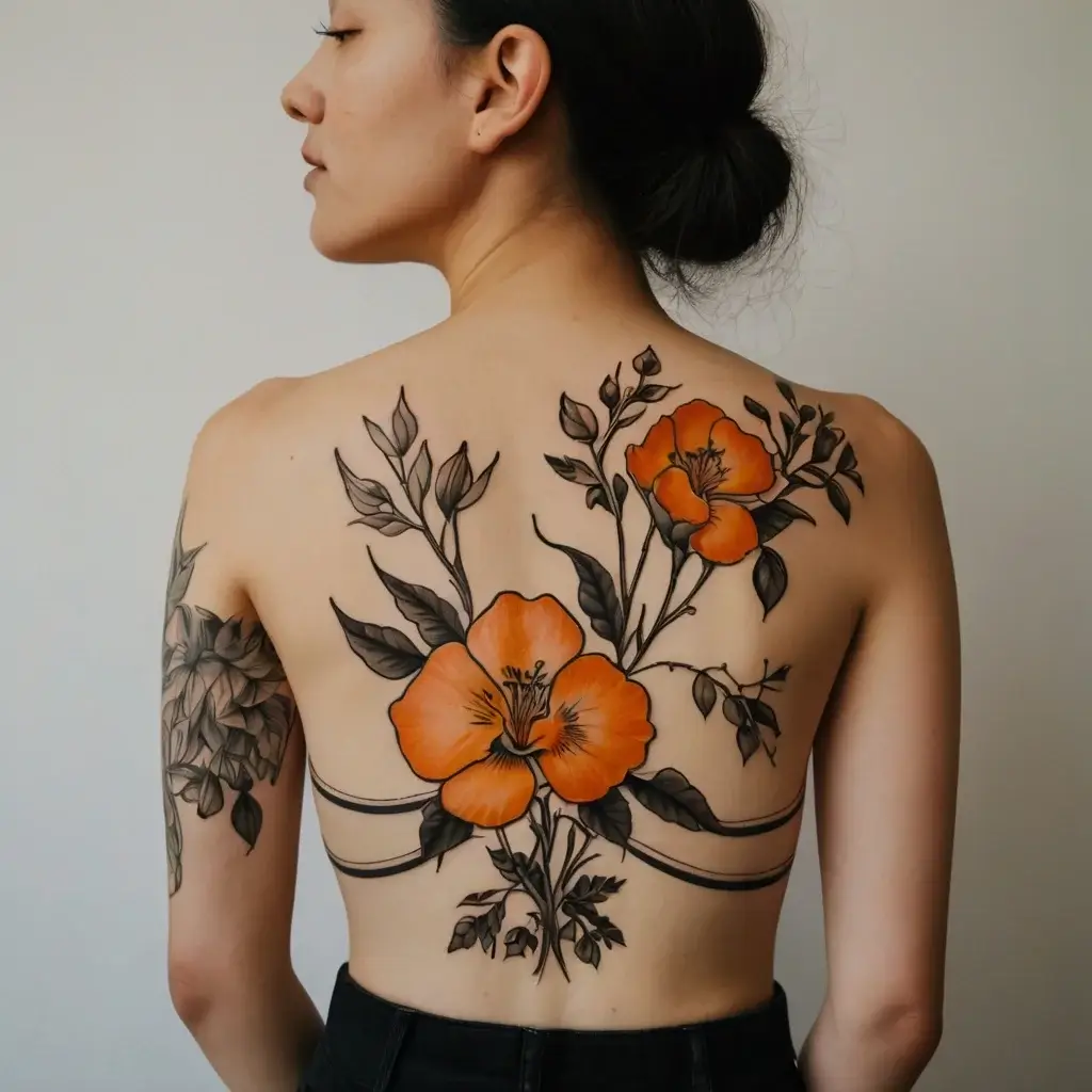 Back tattoo of vibrant orange flowers with bold black leaves and stems, extending over the shoulder and arm.