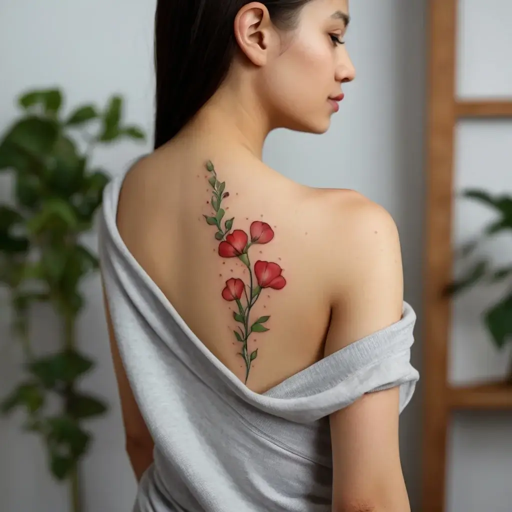 Tattoo of a vertical vine with red flowers and green leaves on a woman's upper back, symbolizing growth and beauty.