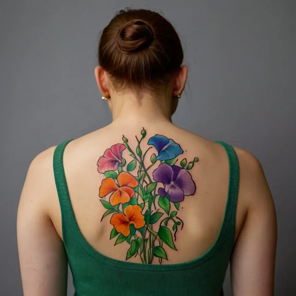 Colorful pansies tattooed on the upper back, featuring vibrant purples, blues, and oranges with lush green leaves.