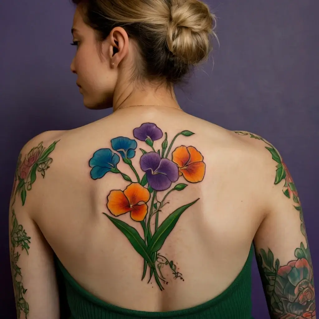 Colorful pansy tattoo on woman's back, featuring vibrant blue, purple, and orange flowers with green leaves and stems.