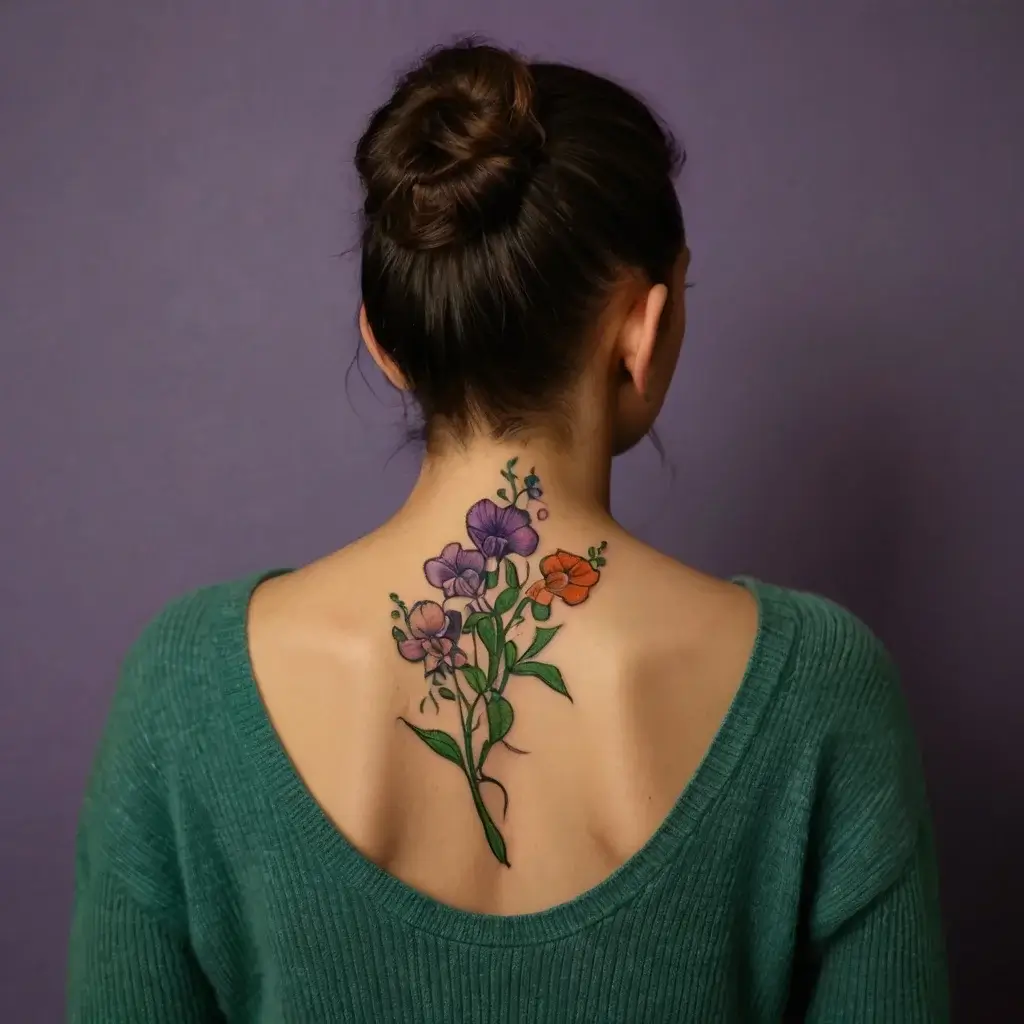 Colorful bouquet tattoo on upper back featuring purple and orange flowers with green leaves for an elegant touch.