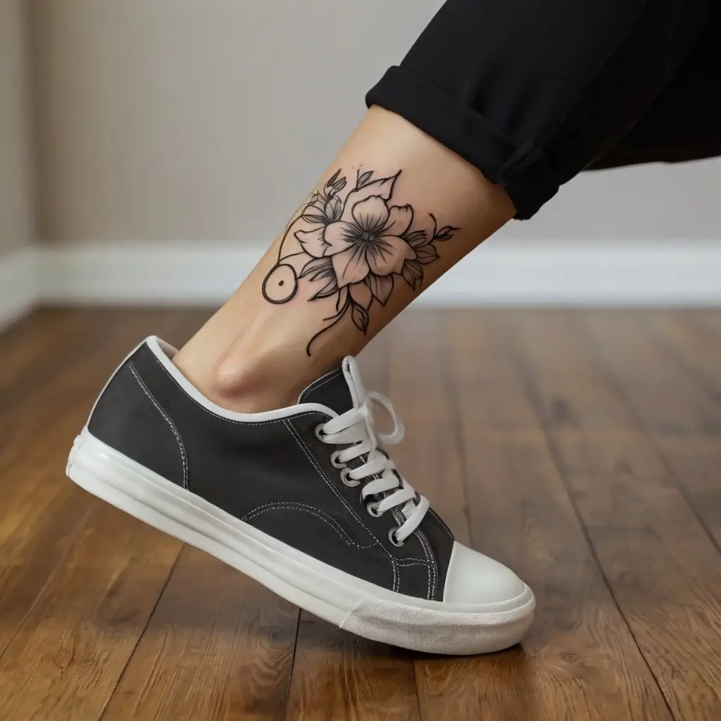 Floral ankle tattoo featuring a large hibiscus with detailed leaves and minimalist circle accents for a modern touch.