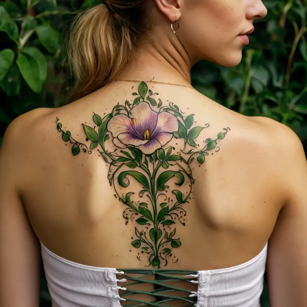 Elegant floral tattoo with a central purple flower, green vines, and leaves, creating a symmetrical design on the back.