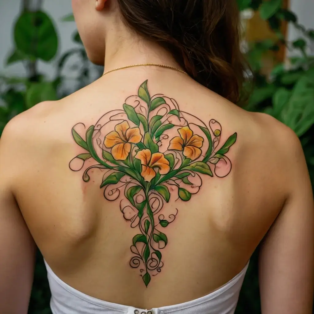 Tattoo of vibrant orange flowers and green leaves with swirling vines elegantly covers the upper back in a symmetrical design.